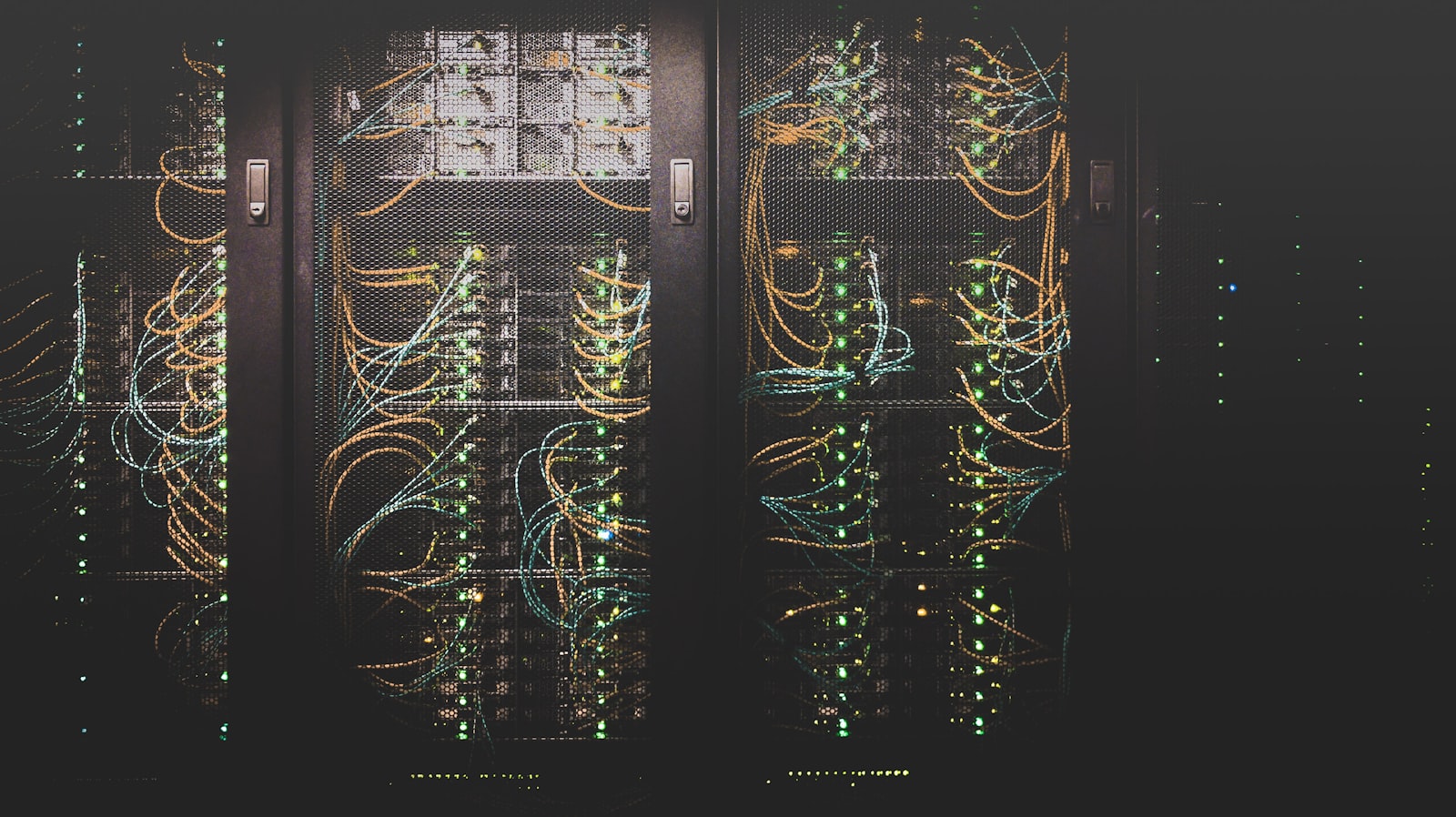 Data center with glowing blue server racks
